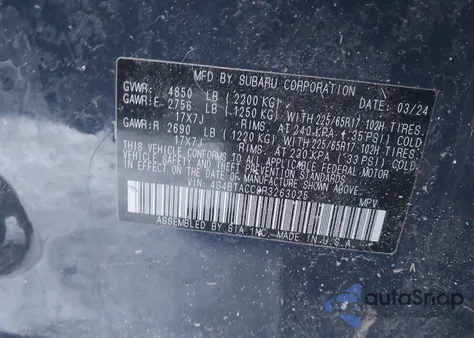 2024 Subaru Outback Premium z USA, uszkodzony, nr VIN 4S4BTACC9R3263025